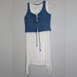 POL white Mini Dress With Vintage Denim Lace Up Vest